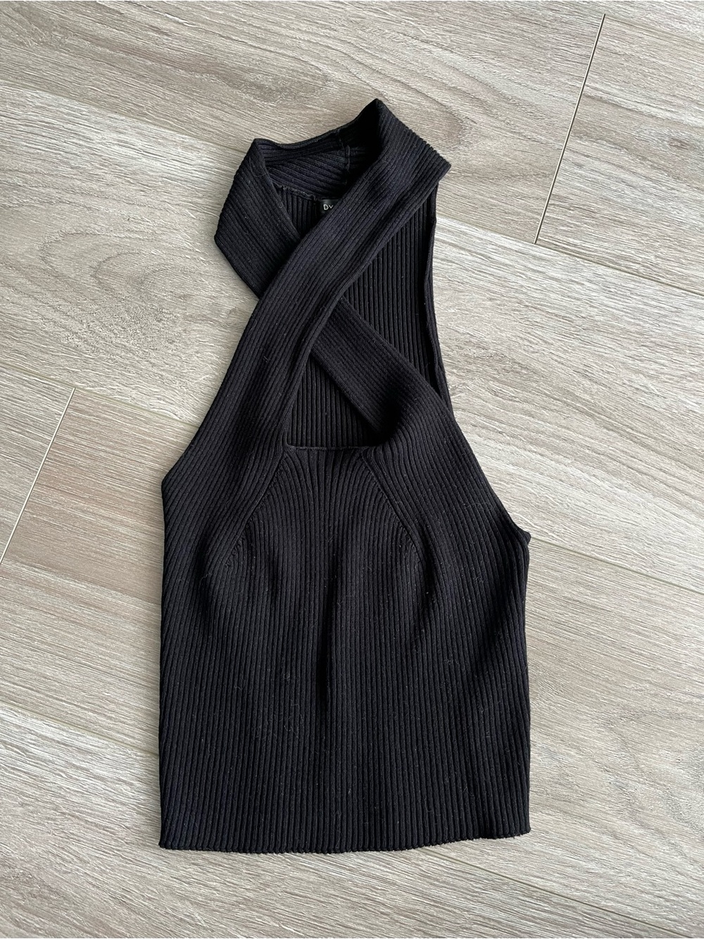 Dynamite Black Ribbed Cross-Neck Tank Top